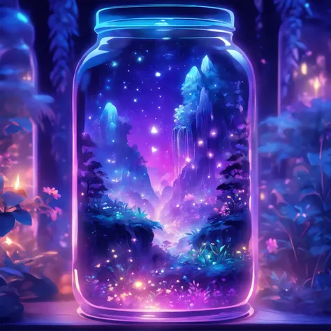 purple and blue floral design on a clear glass container, graphic of enchanted terrarium, mythical floral hills, concept art magical highlight, fantasy sticker illustration, dreamscape in a jar, magical glow, ✨🕌🌙, omori, crystal forest, magically glowing, ...