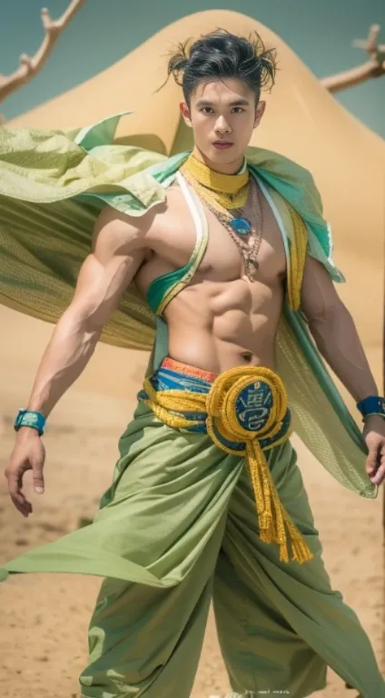 (Best quality, masterpiece: 1.2), a Chinese male, 20 years old, Dunhuang costume, muscle flying sky, muscle bodhisattva, full of muscles, flying costume, muscle bodhisattva, with head halo, Dunhuang male flying sky, gorgeous, bright, Dunhuang style costume...