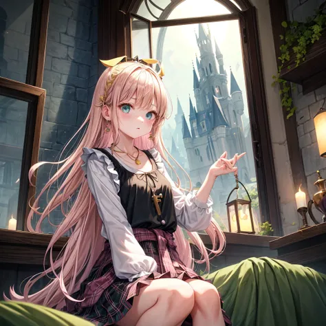 pink blonde、green eyes、one good looking girl、solo、anime、plaid mini skirt、the skirt has buttons、black camisole、black t-shirt、dress、wearing a ribbon、ribbon at waist、cloak、hood、clouds are swirling、stone slabs are piled up、one hand raised、crystal earrings、vege...