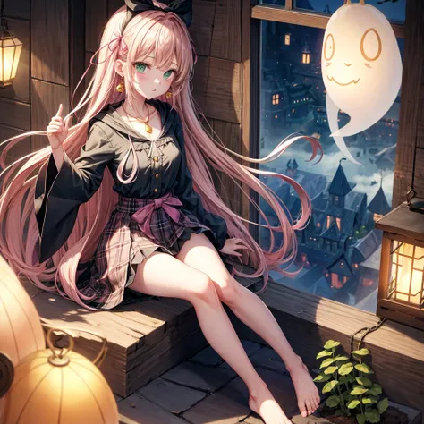 pink blonde、green eyes、one good looking girl、solo、anime、plaid mini skirt、the skirt has buttons、black camisole、black t-shirt、dress、wearing a ribbon、ribbon at waist、cloak、hood、clouds are swirling、stone slabs are piled up、one hand raised、crystal earrings、vege...