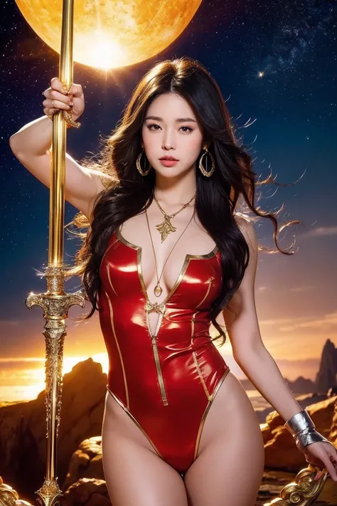 highest quality, masterpiece, realistic, High resolution, 8k RAW写真, 1 girl、long hair、goddess、has a decorated sword、Swing your sword up、((glamor body:1.3))、(Red bodysuit with flame motif、gold edge)、silver pendant、silver earrings、(((action pose)))、(planet wh...