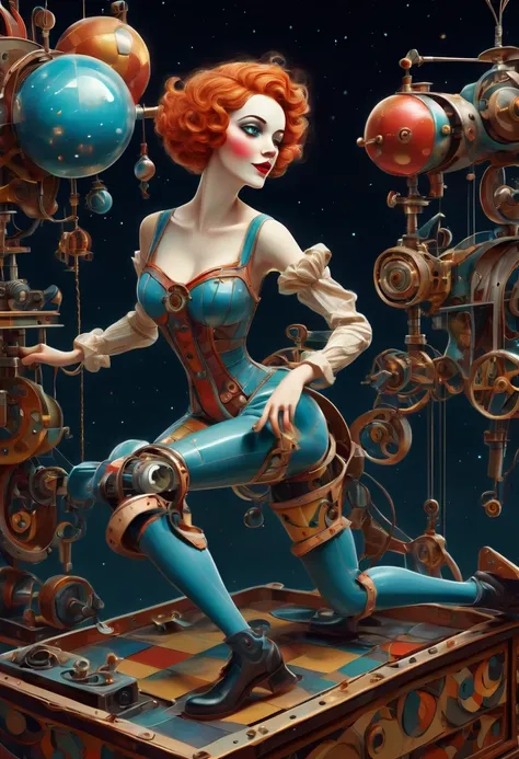 (best quality, highres, ultra sharp), scene of a mechanical woman in a workshop fixing magical mechanical clown puppet , about the curvature of space time, jumping from the box, art deco, zentangle, full colored,3d crunch, cinematic