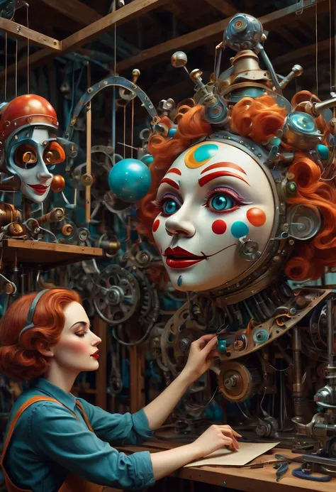 (best quality, highres, ultra sharp), scene of a mechanical woman in a workshop fixing magical mechanical (clown puppets), about the curvature of space time, working, art deco, zentangle, full colored,3d crunch, cinematic