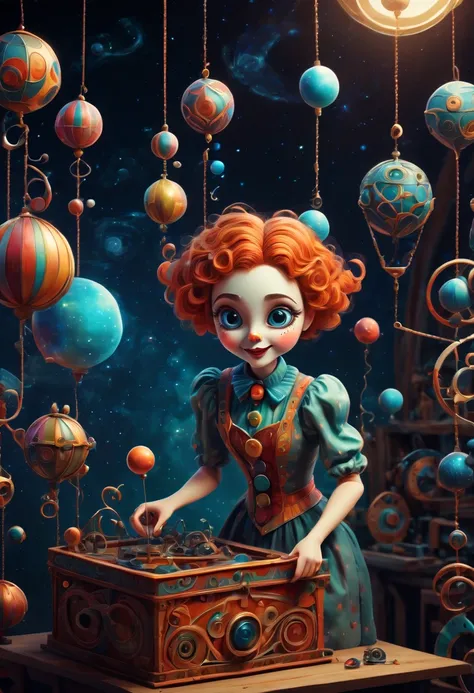 (best quality, highres, ultra sharp), scene of a cute woman in a workshop fixing magical mechanical clown puppet , about the curvature of space time, jumping from the box, art deco, zentangle, full colored,3d crunch, cinematic