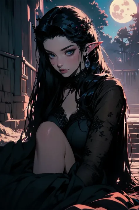 { - anatomy error}(Masterpiece - Ultra-detailed, very high resolution) moonlight, hyper-realistic of a mysterious woman with flowing black hair, ears of elf, piercing opal eyes, and a delicate lace crown, delicate smile, whole body, sitting on the ground