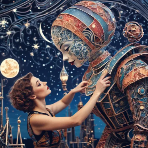 Magical starry sky. zentangle art deco style scene of a cute woman in a workshop fixing magical mechanical clown puppet , art deco style science fiction, magical art deco style future skyscrapers, full colored, (best quality,4k,8k,highres,masterpiece:1.2),...