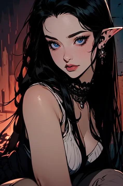 { - anatomy error}(Masterpiece - Ultra-detailed, very high resolution) moonlight, hyper-realistic of a mysterious woman with flowing black hair, ears of elf, piercing opal eyes, and a delicate lace crown, delicate smile, whole body, sitting on the ground