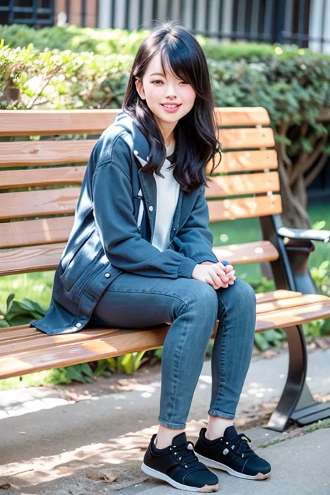 a neat and beautiful woman sitting on a park bench、black hair、hoodie、skinny denim、black sneakers、smile、smiling showing teeth、ful...