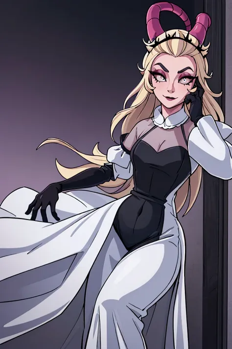 (Lilith:1.2), (grey/gray skin, grey sclera, long blonde hair, white iris, demon horns, makeup), (DefaultOutfit:1.2), (long dress, sleeves, gloves, black dress:1.5), (castle, inside a castle, Victorian theme), (realistic:1.2), (masterpiece:1.2), (full-body-...