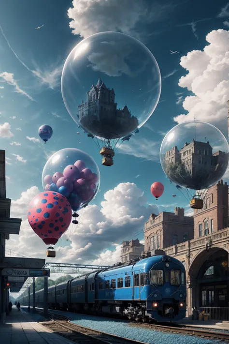 giant blue balloon, Train Station floating on balloons, magnificent clouds, blue theme,