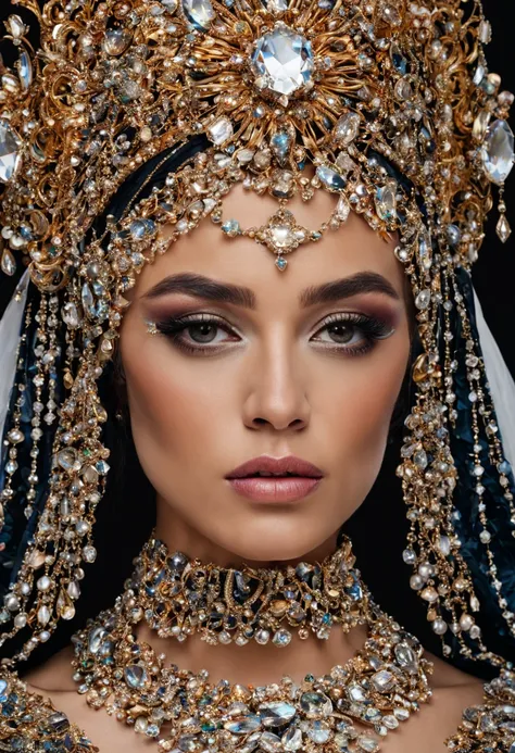 a close up of a woman wearing a headdress with a large jeweled crown, jeweled headdress, covered in jewels, encrusted with jewels, karol bak uhd, ornate headpiece, his head covered in jewels, jeweled crown, elaborate ornate head piece, ornate turban, bejew...