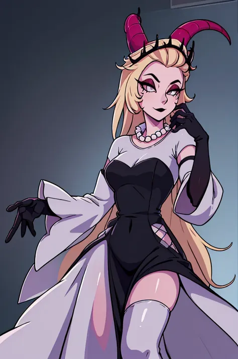 (Lilith:1.2), (grey/gray skin, grey sclera, long blonde hair, white iris, demon horns, makeup), (DefaultOutfit:1.2), (long dress, sleeves, gloves, black dress:1.5), (castle, inside a castle, Victorian theme), (realistic:1.2), (masterpiece:1.2), (full-body-...