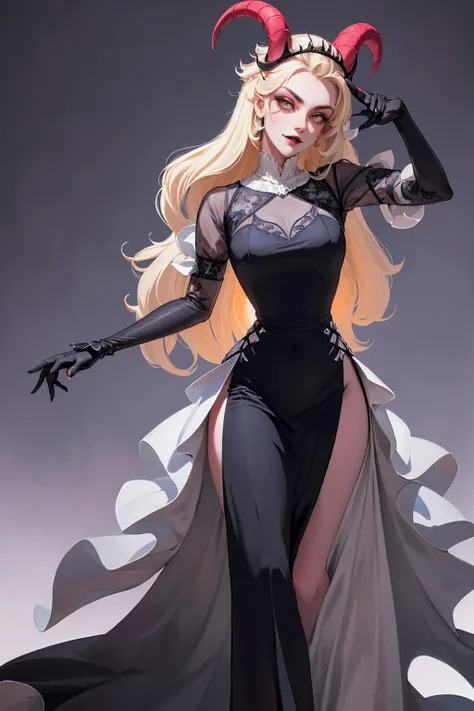 (Lilith:1.2), (grey/gray skin, grey sclera, long blonde hair, white iris, demon horns, makeup), (DefaultOutfit:1.2), (long dress, sleeves, gloves, black dress:1.5), (castle, inside a castle, Victorian theme), (realistic:1.2), (masterpiece:1.2), (full-body-...