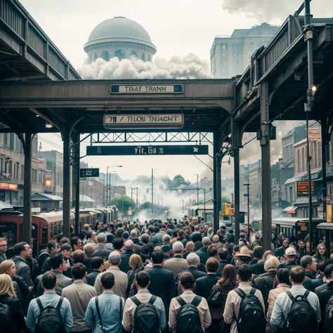 a bustling train station, crowded platform, people rushing, train approaching, commuters waiting, steam rising from the tracks, old-fashioned train station sign, vintage architecture, clock tower, ticket booth, luggage carts, taxi queue, benches and waitin...