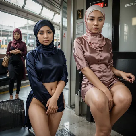 (A lovely young Malaysian woman, age 19, hijab no hair showing, rich conservative outfit with a lot of silk), waits in a luxurious Train Station