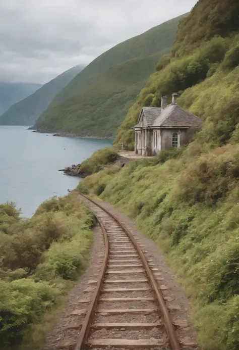 watercolor drawing style, best quality, abandoned railway, single track, decaying railway station building, sea, mountains, ivy, moss, countryside, tunnel