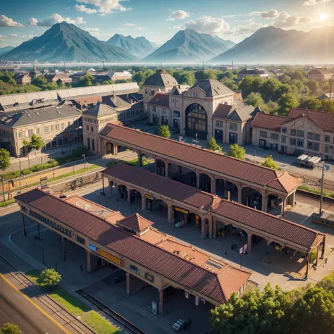 (train station scene:1.5)，A train stops quietly on the tracks，Surrounded by tranquil fields and distant mountains。Warm colors in the picture，The sun shines through the clouds on the train and the platform，It creates a peaceful and comfortable atmosphere。Hi...