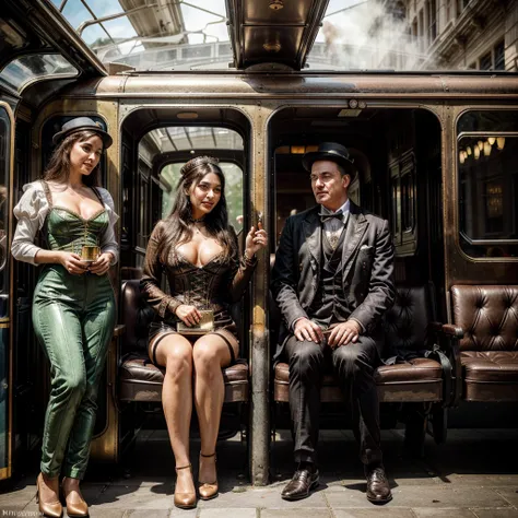 (best quality,4k,8k,highres,masterpiece:1.2),ultra-detailed,(realistic,photorealistic,photo-realistic:1.37),steam punk,a luxurious Train Station,spotlessly clean,several steam punk entertainment gadgets are present,golden steam-powered machines,exquisite c...