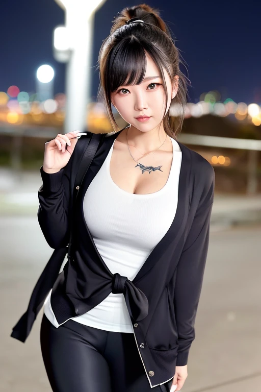 A woman jogging with a night view of the city in the background、looking directly at the camera。she is wearing a tie shirt and an open cardigan、Wearing yoga pants。 The light from the street lamp illuminates her parted hair and ring-shaped yellow eyes.。 She ...