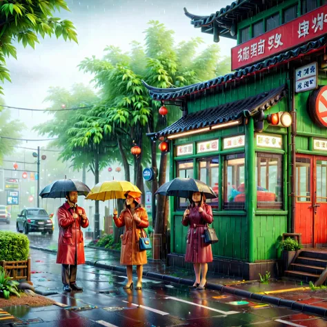 (train station scene:1.5)，At a rainy bus stop，A man stands between two women，They are all waiting for the bus to arrive。A man and a woman share a large umbrella，The other woman was holding her own small umbrella。The rain formed puddles on the ground，The li...