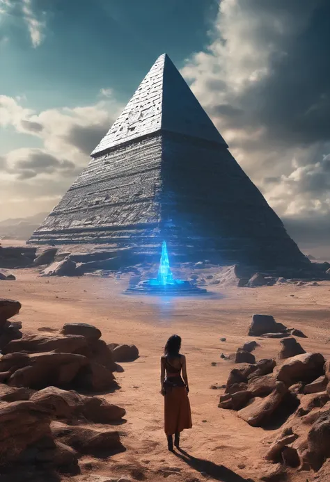 highest quality、masterpiece、ultra high resolution、(realistic:1.4)、ancient ruins、octahedral ufo,blue crystal pyramid、woman standing in front of the pyramid,Meteors、filled with huge stones