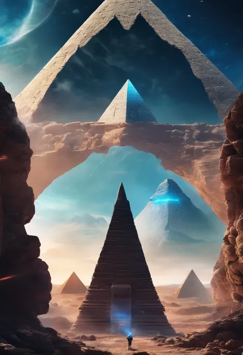 highest quality、masterpiece、ultra high resolution、(realistic:1.4)、ancient ruins、octahedral ufo,blue crystal pyramid、woman standing in front of the pyramid,Meteors、filled with huge stones