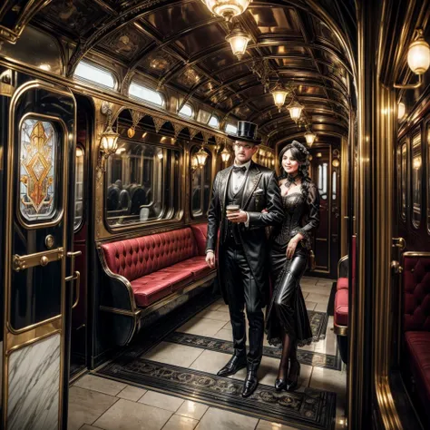 (best quality,4k,8k,highres,masterpiece:1.2),ultra-detailed,(realistic,photorealistic,photo-realistic:1.37),steam punk,a luxurious Train Station,spotlessly clean,several steam punk entertainment gadgets are present,golden steam-powered machines,exquisite c...