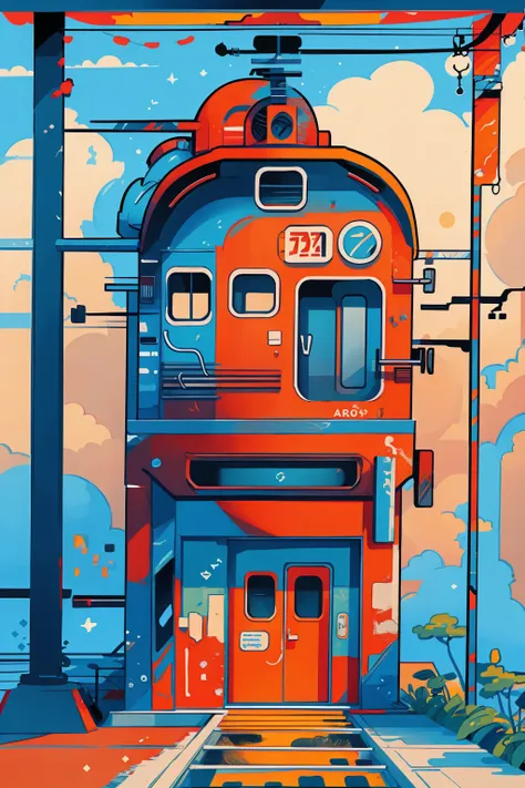 abandoned train station, horror, rusty train, detailed artwork, painting abstract, colorful, sky, depth of field