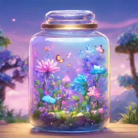 purple and blue floral design on a clear glass container, graphic of enchanted terrarium, mythical floral hills, concept art magical highlight, fantasy sticker illustration, dreamscape in a jar, magical glow, ✨🕌🌙, omori, crystal forest, magically glowing, ...