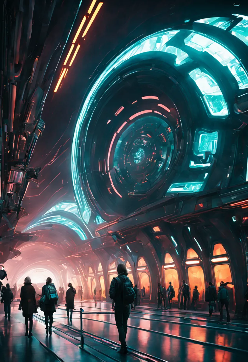 image: a futuristic sci-fi train station with interconnected portals

descriptive keywords: high-tech, otherworldly, interconnec...