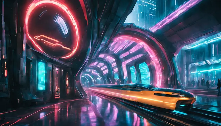 Image: A futuristic sci-fi train station with interconnected portals

Descriptive keywords: High-tech, otherworldly, interconnected

Photographic style: Surrealistic, with vibrant neon lighting and geometric architecture in a cyberpunk setting. 

Tone: Mys...