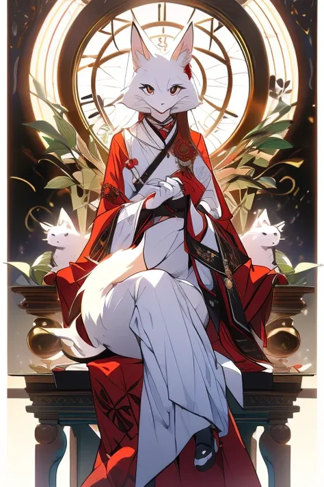 front, whole,  white fox face, white cat body, white snake face tail, white eagle wings, animal, four legs