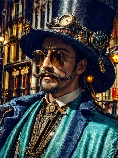 close up, gentelman in the hat and round steel gear, sunglasses, short mustache, victorian era, ((steampunk)), cinematography, crafted, elegant, meticulous, magnificent, maximum details, extremely hyper aesthetic, intricately detailed, Hippie Glasses Retro...