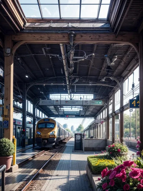 (TRAIN STATION:1.5)，现代城市的TRAIN STATION，city illustration，City station，((停靠长满花朵的TRAIN STATION的长火车))，Winding，hibiscus flowers in bloom，sunny，The scene was full of joy，breath of spring，soft natural light，3D rendering miniature scene design，miniature diorama，T...