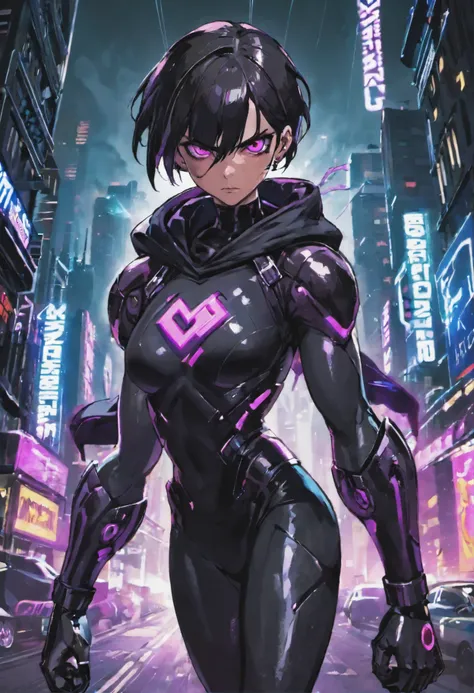 Fotografia aproximada, Young confident cyberpunk superhero in black costume,Cyber Night City em segundo plano