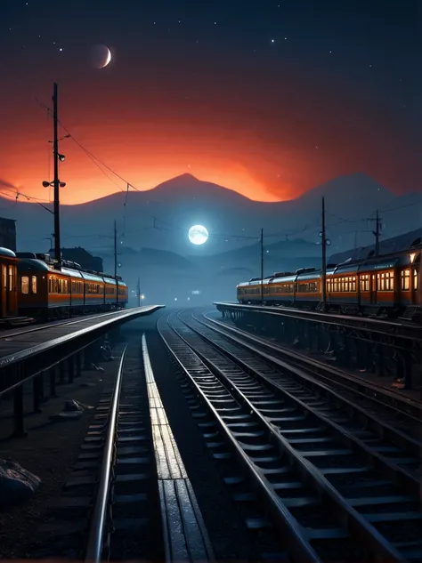 （best quality，8k，high resolution，masterpiece），Super fine，（1.4x more realism），HDR，UHD，studio lighting，Super fine，sharp focus，Physically based rendering，Extremely detailed description，major，Vivid colors，Bokeh，A train station in a lunar crater，train station o...