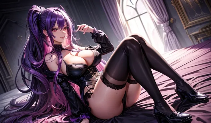 very tall (195 cm), gothic, full body girl, pink glowing iris, long black wavy hair, sexy purple underwear. stockings, high hills purple shoes, big cupped breasts, detailed, toned legs, commanding presence, subtle smile, wet skin, shiny lips, pony hair, st...