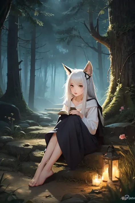 fox ears white hair girl，full body esbian，Drawing of a white-haired fox sitting on a branch，fantastic fox，Kyuubiの狐，three tailed fox，onmyoji detailed art，Kyuubi，Beautiful artwork illustration，mythical creatures，Red fox，beautiful digital artwork，exquisite di...