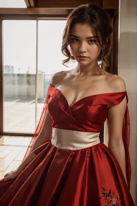 girl in red dress, floral gown, intense look, irresistible