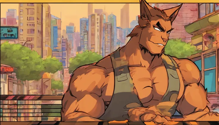 Chance Furlong from the TV Show Swat Kats the Radical Squadron. Sitting down on a bench on the street barefoot as an anthro cat with orange fur. Muscular furry who is sweaty and flexing hug muscles that rip through his clothes. Set in a scifi city at night...