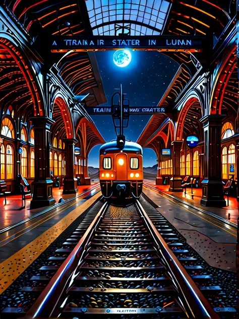 （best quality，8k，high resolution，masterpiece），Super fine，（1.4x more realism），HDR，UHD，studio lighting，Super fine，Extremely detailed description，major，Vivid colors，(A train station in a lunar crater:1.5)，Beautiful lighting，science fiction fantasy，full of det...