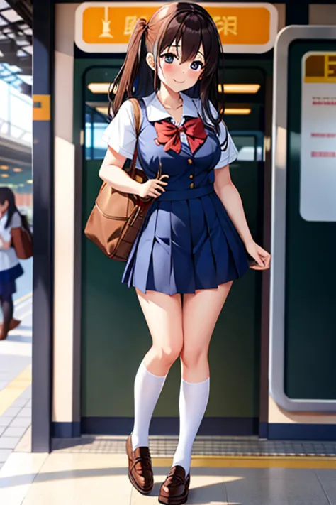 1girl,full body,masterpiece,best quality,train,school girl,smile,STATION,