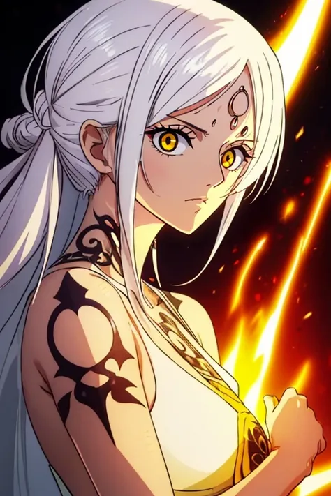 female, Character with long white hair and yellow eyes with a yellow scar, she has glowing tattoos, one piece style