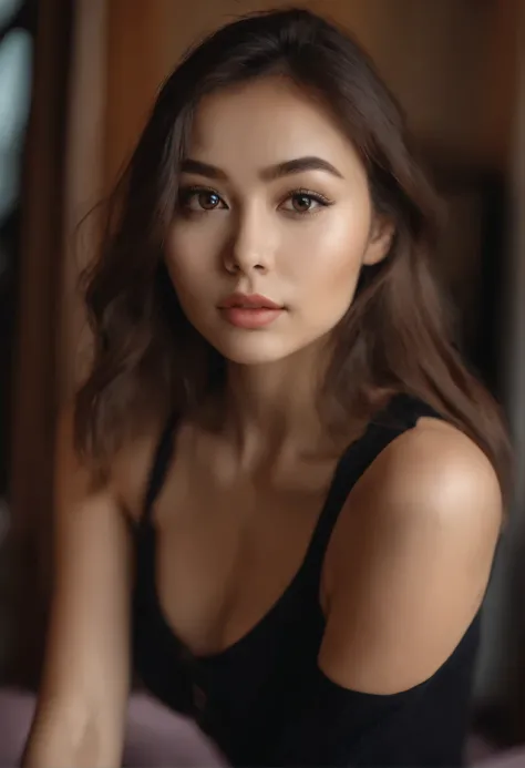 asian women in their 20s mit Tanktop und passenden Leggings, sexy girl with brown eyes, Portrait of Sophie Mudd, brown hair and big eyes, Selfie einer jungen Frau, Schlafzimmer Augen, Violet Myers, Ohne Makeup, Natural makeup, Drehen Sie sich um, um in die...