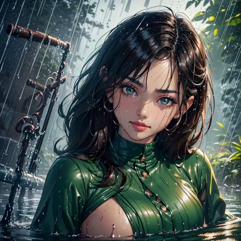 (Best quality, 4K, tmasterpiece :1.Beutiful asian women, 1 Sister, (, attractive body :1.2), Abs :1.1, dark brown hair: 1.1, ponny hair, (rainy wet, wet from rain, Soaked :1.2), The face very detailed, detailed lips, detailed eyes, double eyelid, green eye...