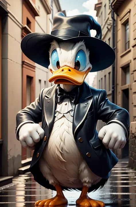 donald in black suit, city, whitegloves