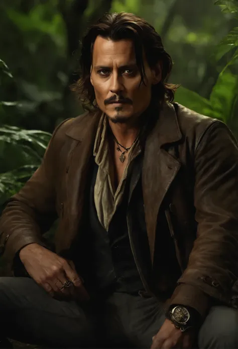 Masterpiece, Johnny Depp walks through the jungle (A Night Among Fireflies), (High detail:1 1), rough Face, Genuine Leather, high quality, NFV, Beautiful eyes, (detailed Face and eyes), (Face: 1 2), noise, Additional, real photo, PSD, photographic film wit...