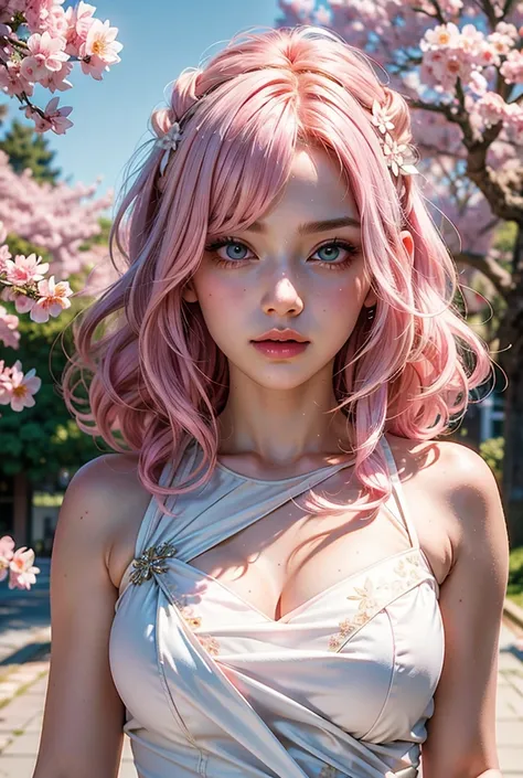 (masterpiece), (best quality), (Super detailed), ((masterpiece)) ((best quality)) ((Super detailed)), light pink hair, pink eyes, pink and white, Sakura leaves, bright colors, white dress, paint splash, simple background, Ray tracing, long hair, curls