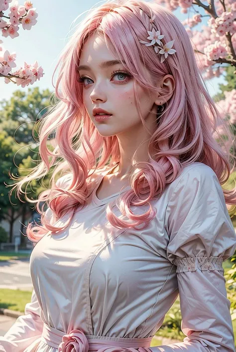 (masterpiece), (best quality), (Super detailed), ((masterpiece)) ((best quality)) ((Super detailed)), light pink hair, pink eyes, pink and white, Sakura leaves, bright colors, white dress, paint splash, simple background, Ray tracing, long hair, curls