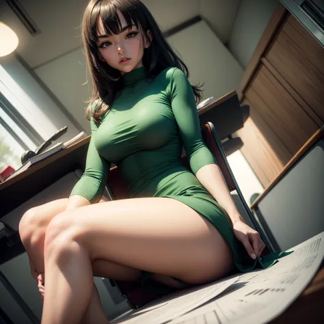 Fubuki, green dress, tight clothes, in classroom, sitting on desk, arms crossed